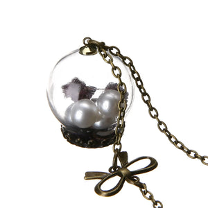 Handmade Vintage Wish Pearl Ball Bottle Pendent & Bow Bronze Chain Necklace