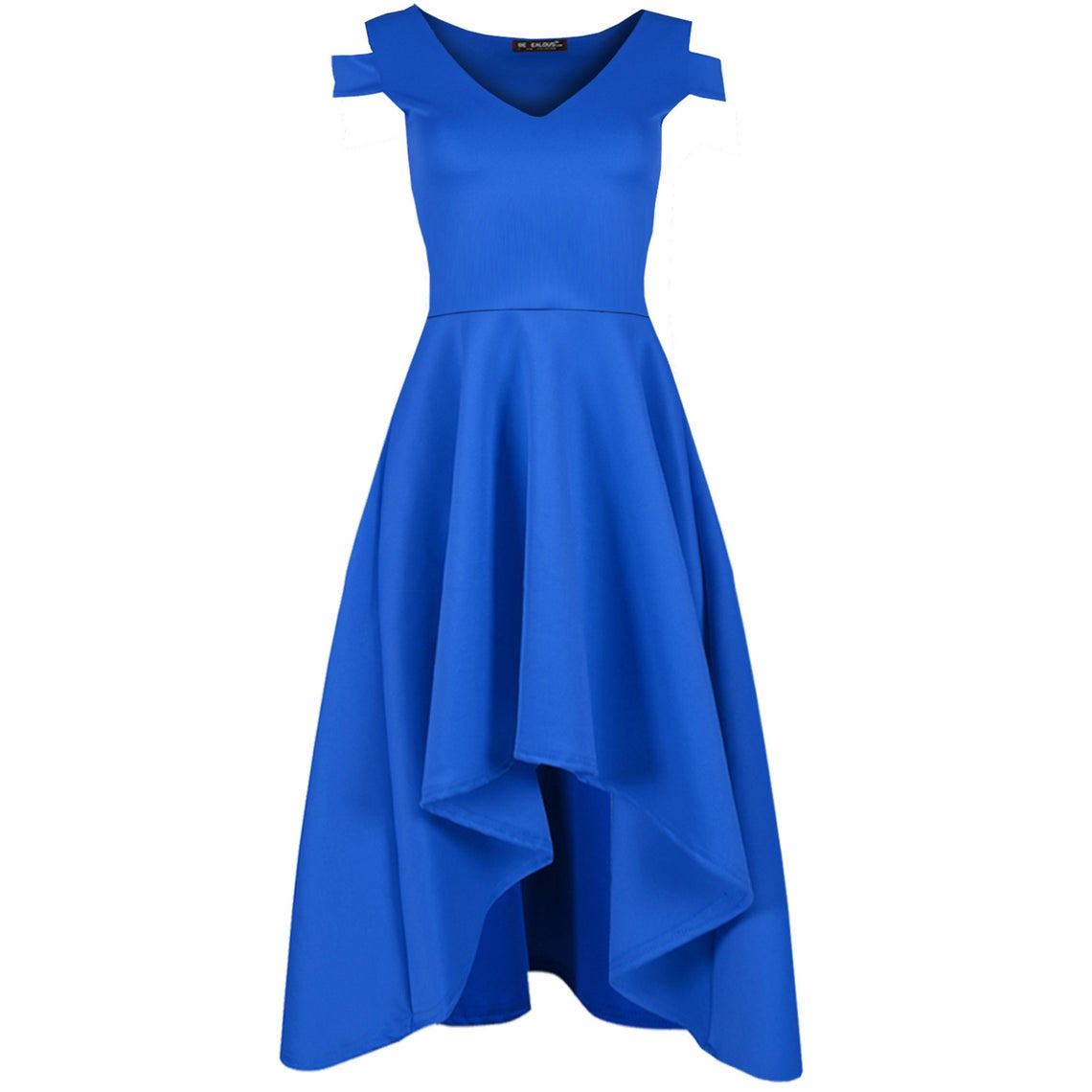 Ladies Cold Shoulder V Plunge Low Dip Hem Skater Dress