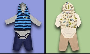 Baby Boys Navy & Beige Multi Hooded Romper 3 Piece Set