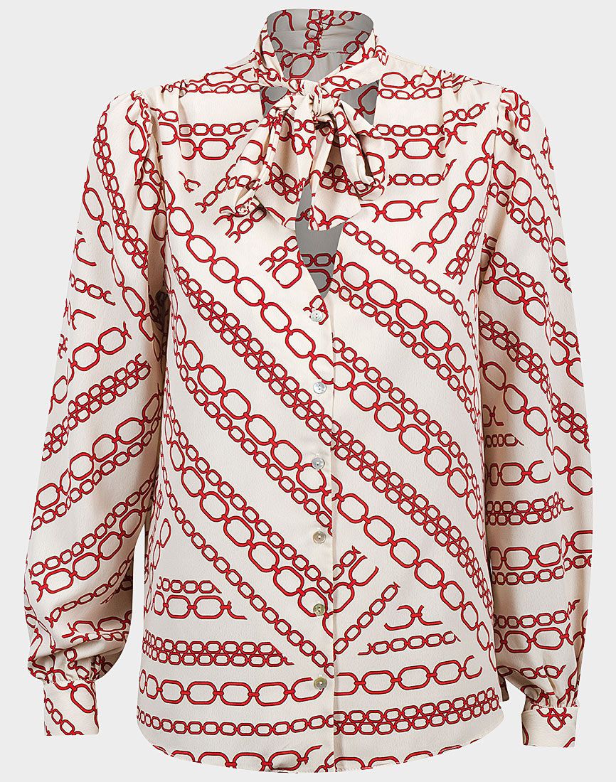 Ladies Ivory & Red Chain Link Print Bow Tie High Neckline Long Sleeve Top