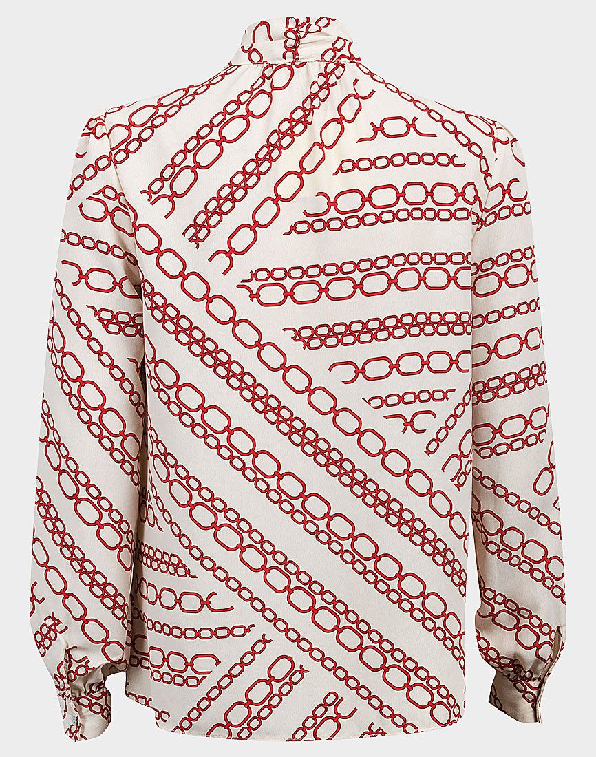 Ladies Ivory & Red Chain Link Print Bow Tie High Neckline Long Sleeve Top