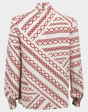 Load image into Gallery viewer, Ladies Ivory &amp; Red Chain Link Print Bow Tie High Neckline Long Sleeve Top
