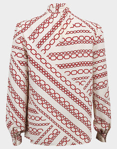 Ladies Ivory & Red Chain Link Print Bow Tie High Neckline Long Sleeve Top