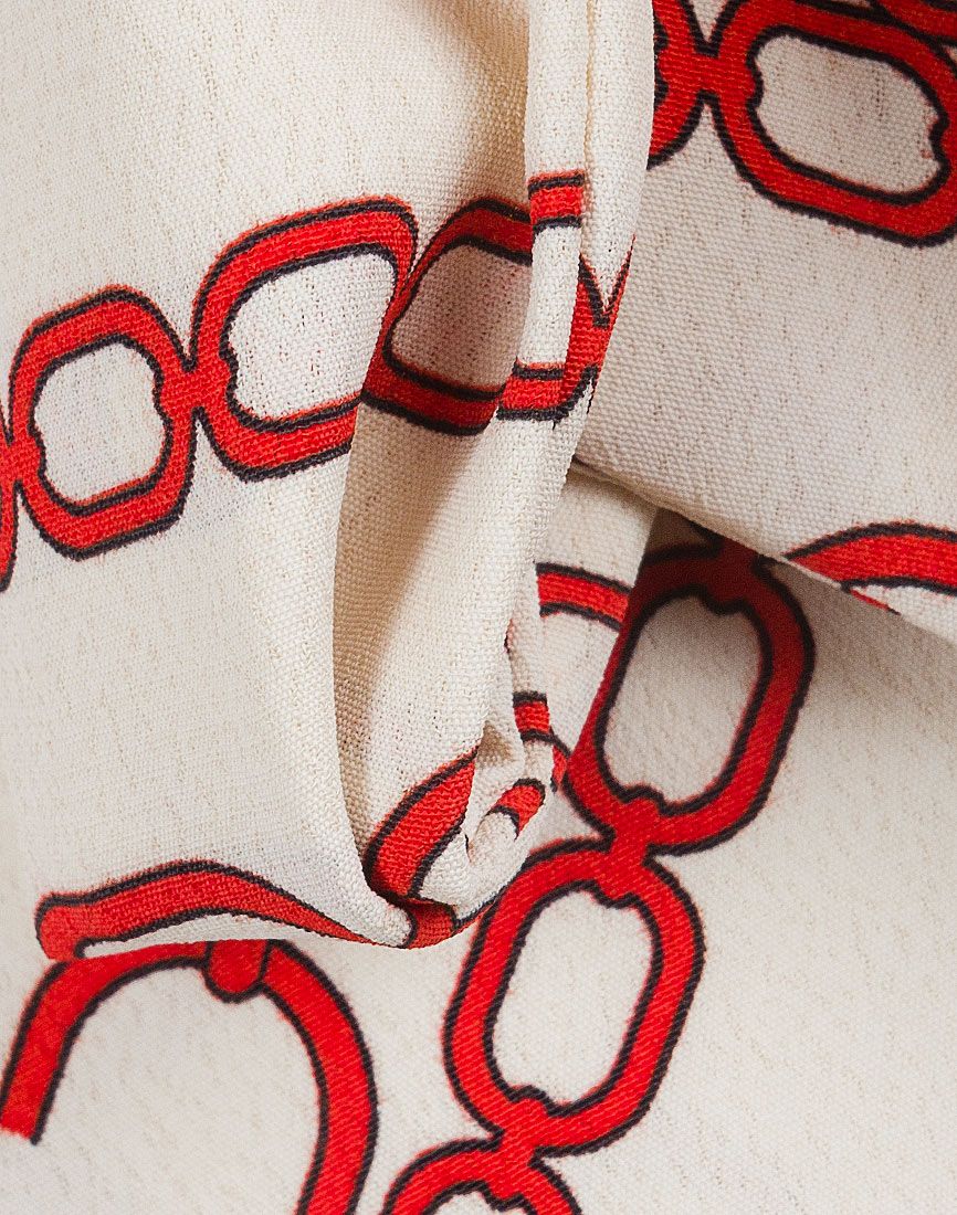 Ladies Ivory & Red Chain Link Print Bow Tie High Neckline Long Sleeve Top