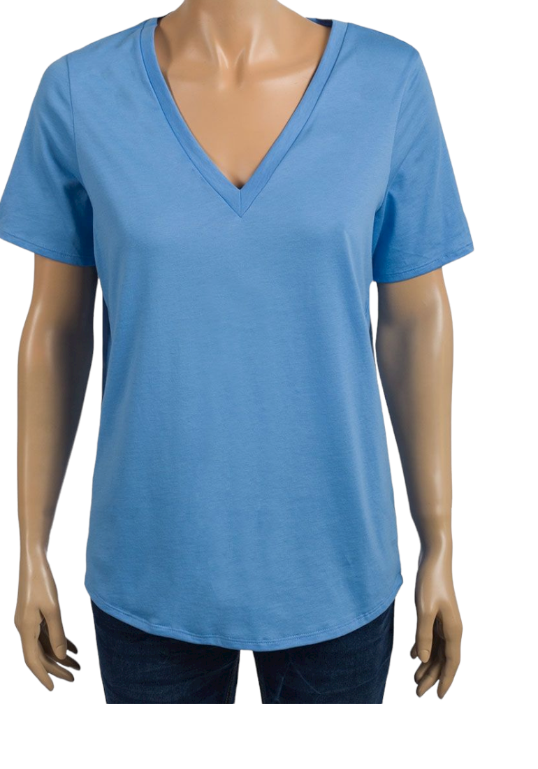 Ladies Plain Pure Cotton V Neck Short Sleeve Tee Shirt Jersey Top