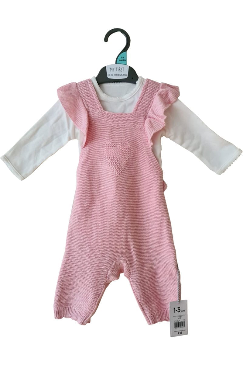 Baby Girls Mothercare Pink White Knitted Dungaree Set