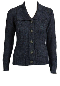 Navy Cable Knit Button Down Flap Collar Cardigan