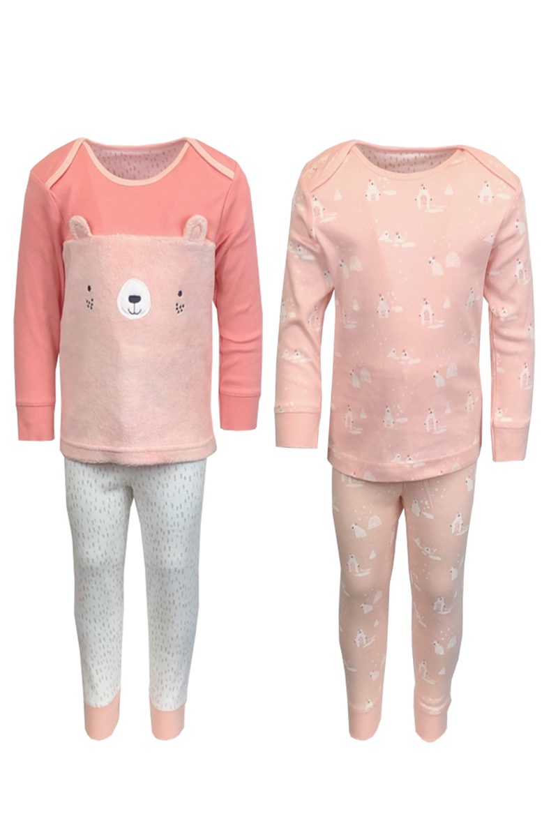 Baby Girls 2 Pk Pink Bear Print Cotton Top & Leggings Pyjamas