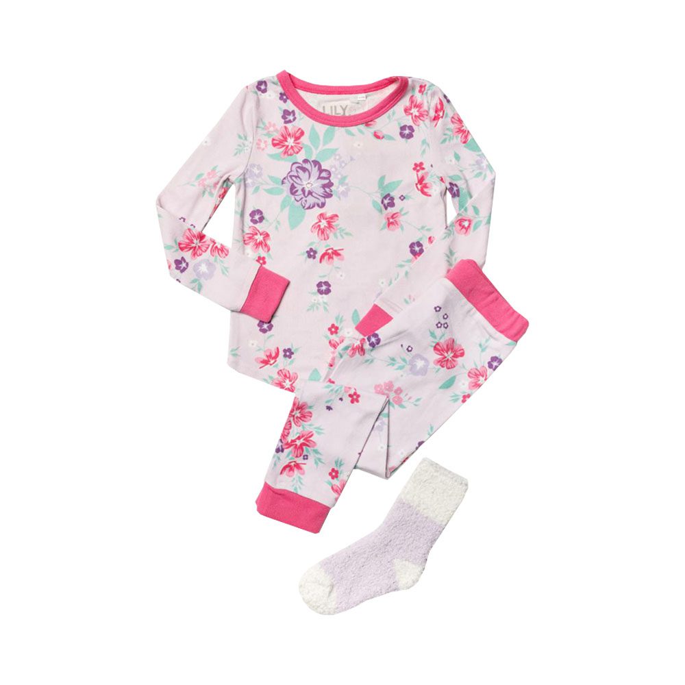 Girls Lily and Jack Lilac Floral 3Piece Top Bottom & Socks Pyjamas Set