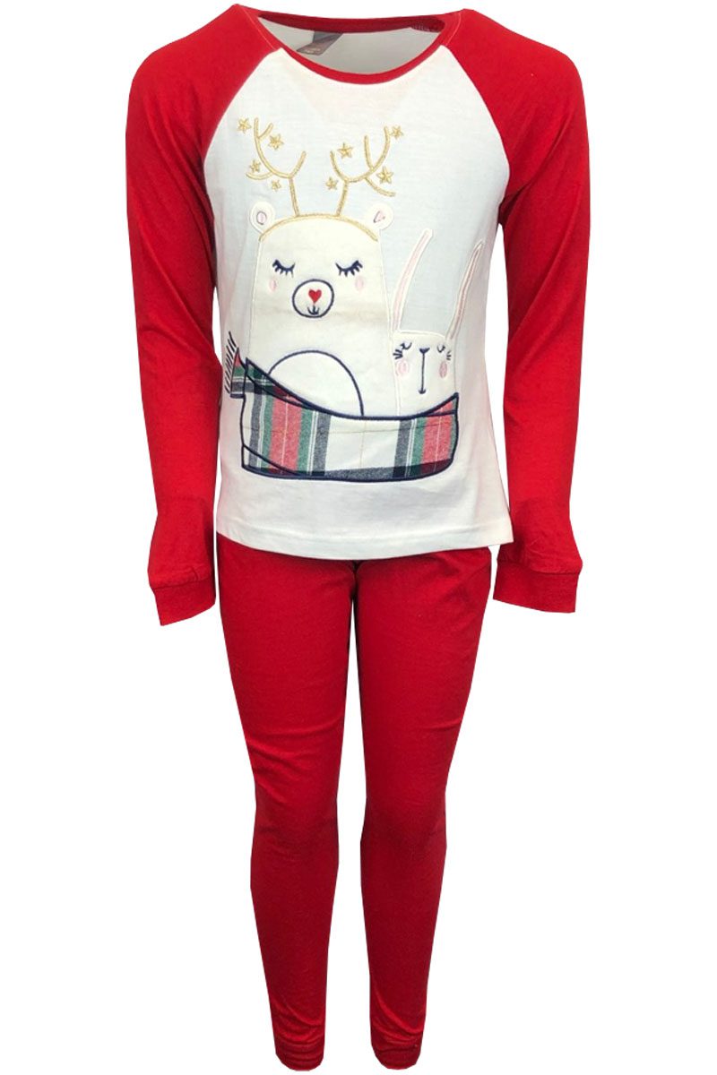 Girls Red White Christmas Nightie Animal Embroidery Cotton Pyjamas Set