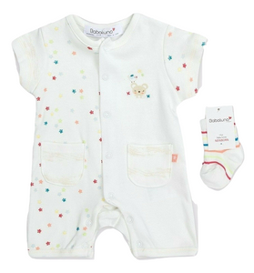 Baby Boys Girls Babaluno Cream Multi Star 2 Piece Cotton Romper and Socks Sets