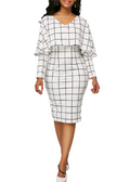 Elegant Black & White Plaid V Neck Ruffles Dress