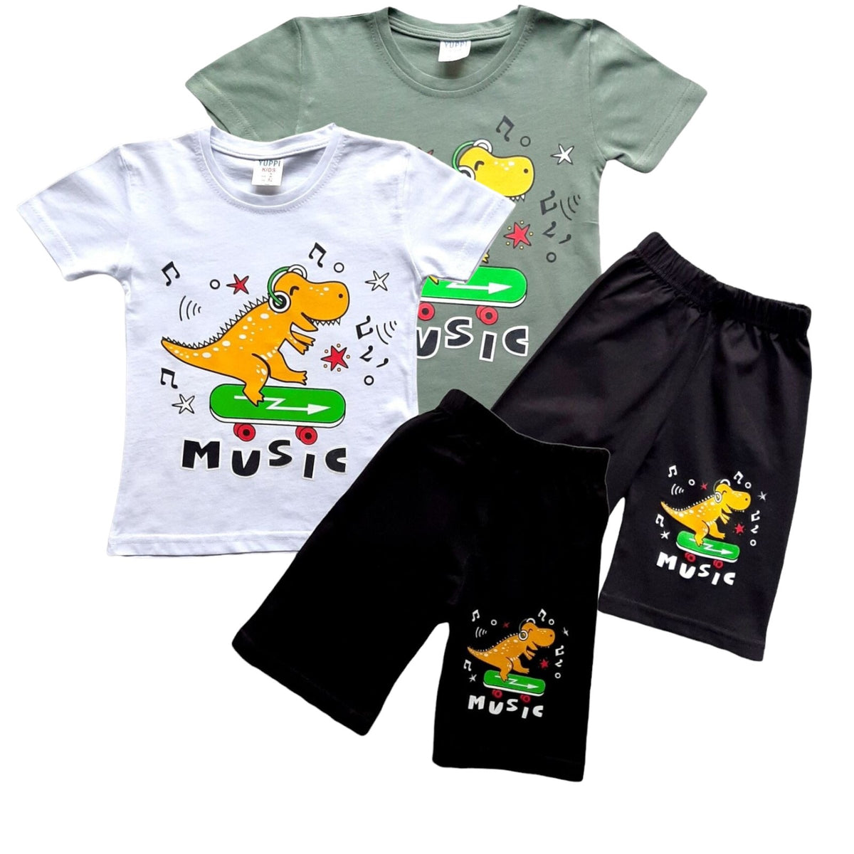 Boys Dino Skating Music Print T-shirt & Short Set