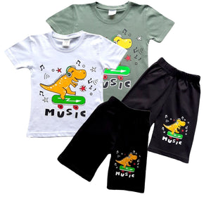 Boys Dino Skating Music Print T-shirt & Short Set