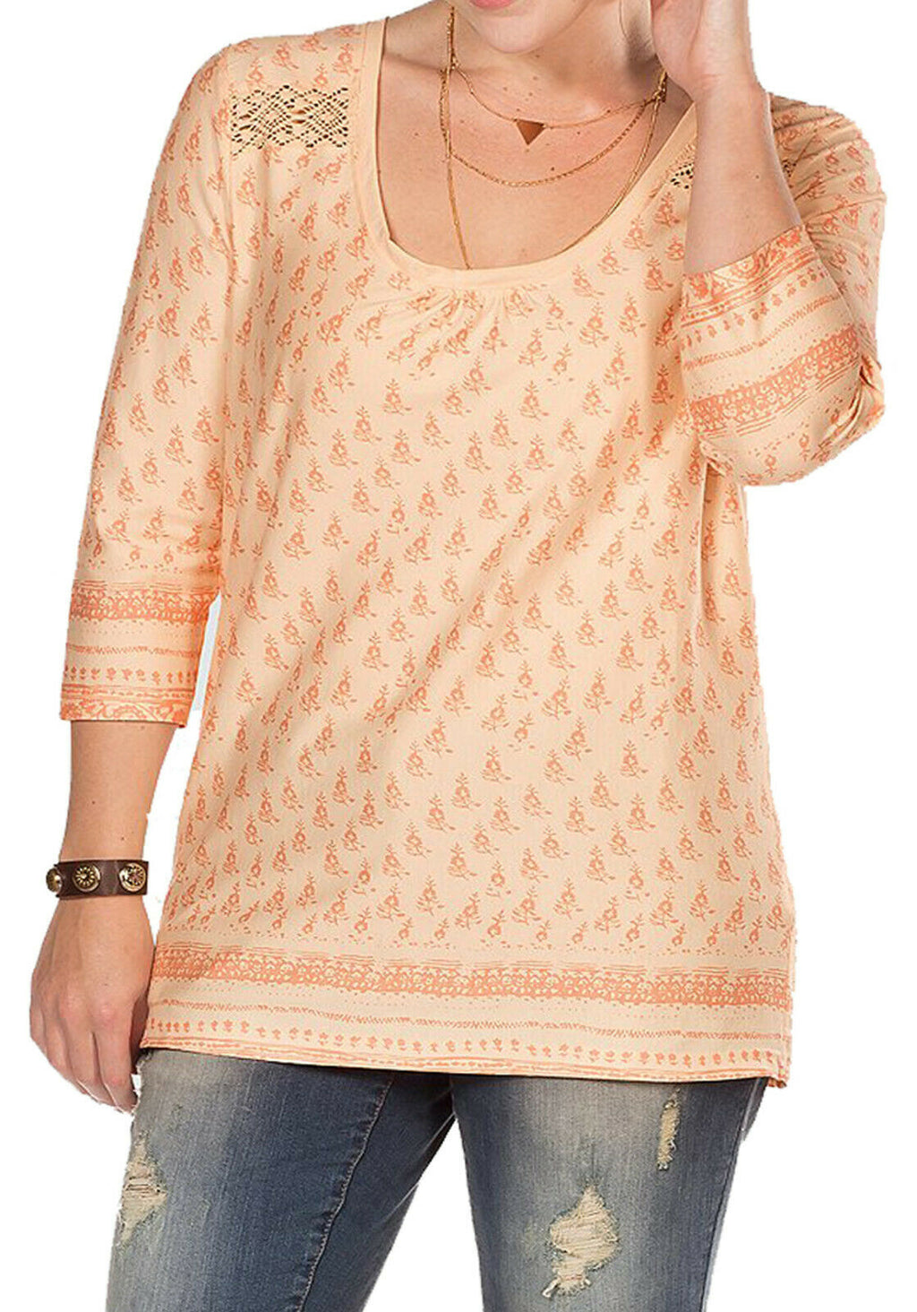Orange Sheego Floral Lace Insert Cotton Plus Size Top