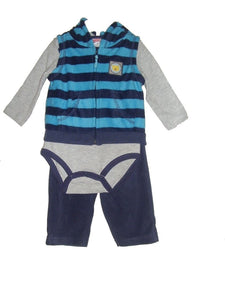 Baby Boys Navy & Beige Multi Hooded Romper 3 Piece Set