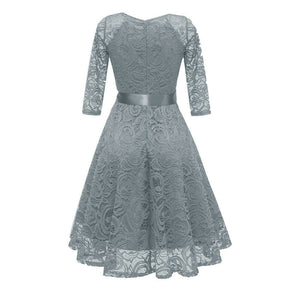 Grey Elegant Lace Crochet Swing 3/4 Sleeve Dress