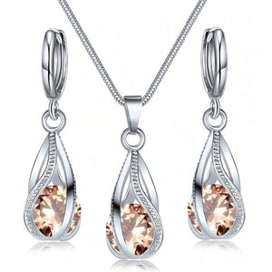 Silver Twirl Ball Water Drop Crystal Earrings & Necklace Set