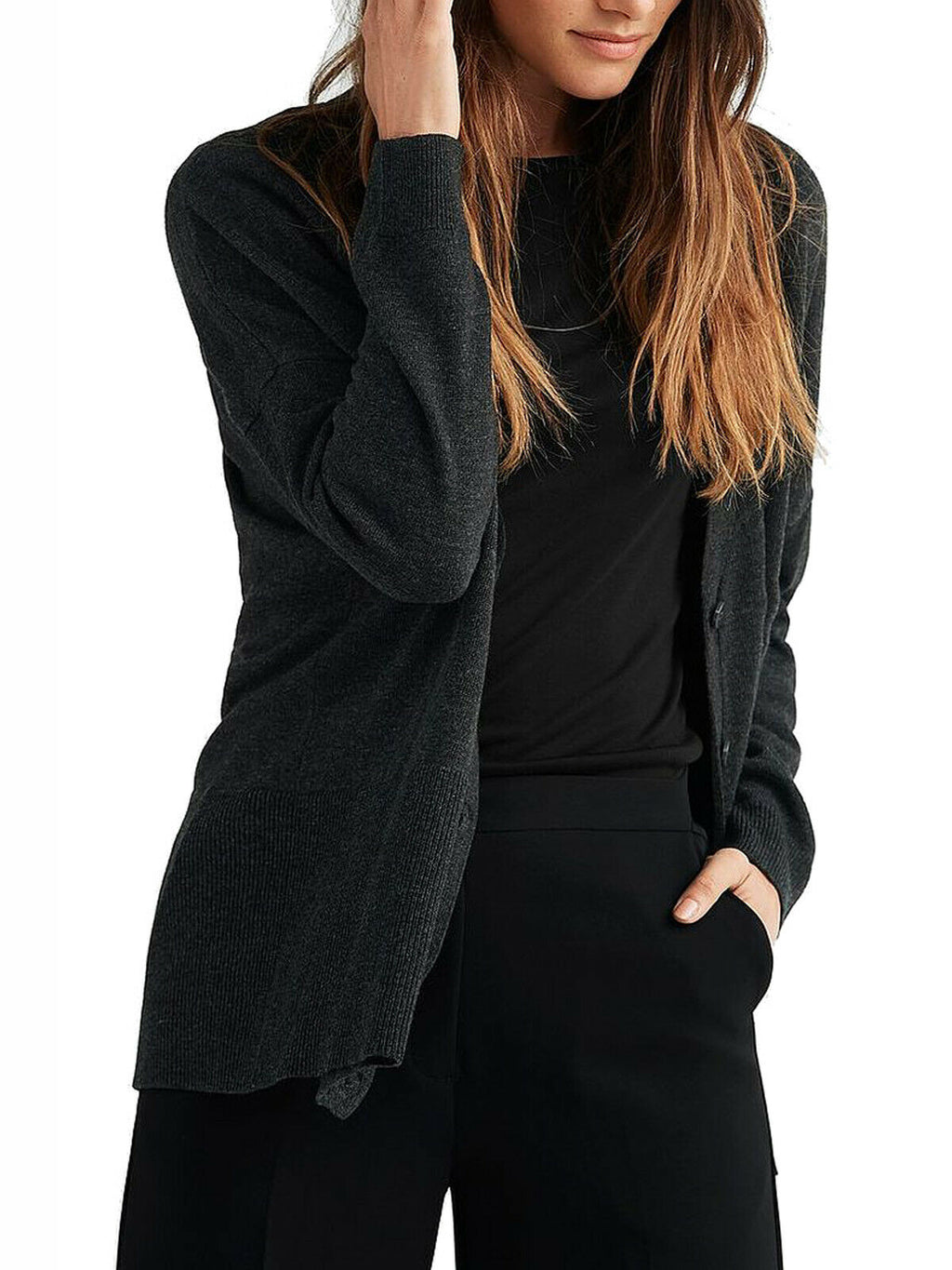 Dark-Grey Relaxed Knit Wool Blend V Neck Cardigan