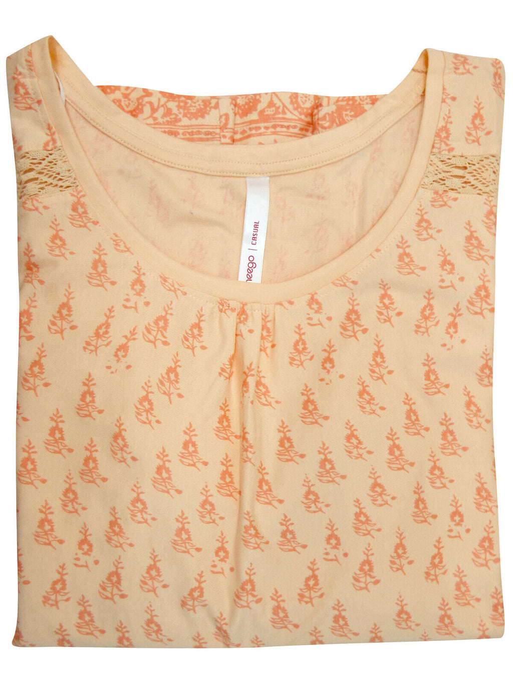 Orange Sheego Floral Lace Insert Cotton Plus Size Top