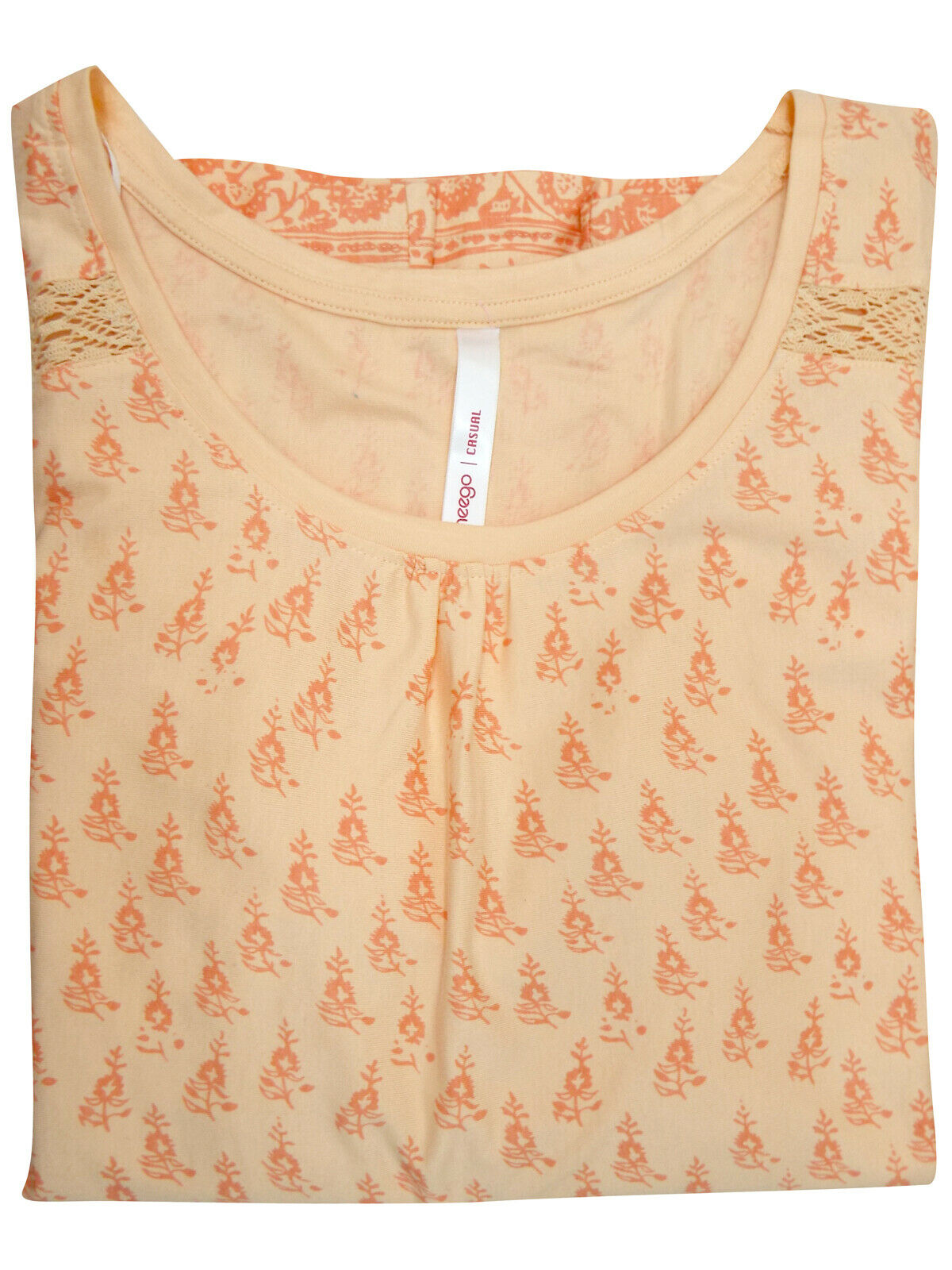 Orange Sheego Floral Lace Insert Cotton Plus Size Top