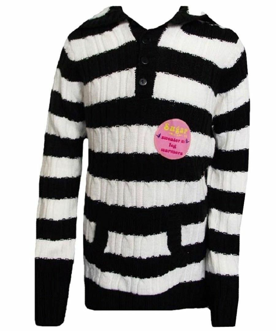 Girls Black & Cream Striped Hooded Jumper & Leg Set