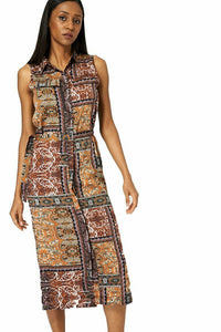 Brown Multi Belted Abstract Print Dress