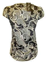 Load image into Gallery viewer, BlackGrey Swirl Print Satin Keyhole Cap Sleeve Top
