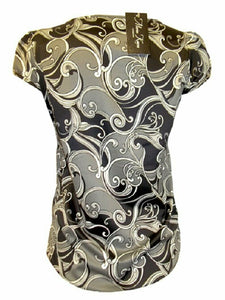 BlackGrey Swirl Print Satin Keyhole Cap Sleeve Top