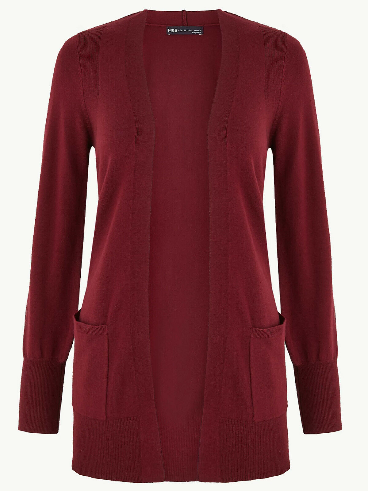 Ladies Burgundy Open Front Patch Pocket Longline Cardigan