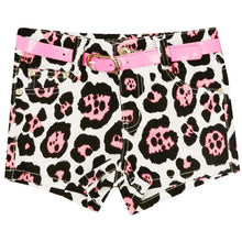 Load image into Gallery viewer, Girls Minx Neon Pink Multi Animal Print Hot Pant Shorts Plus Belt.
