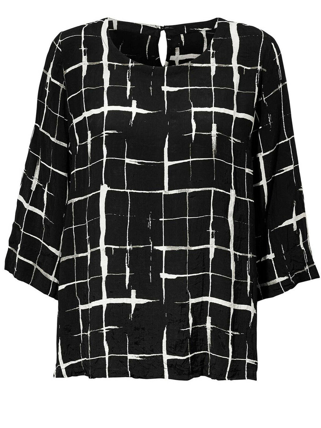 Black Grid 3/4 Sleeve Woven Blouse Scoop Neck