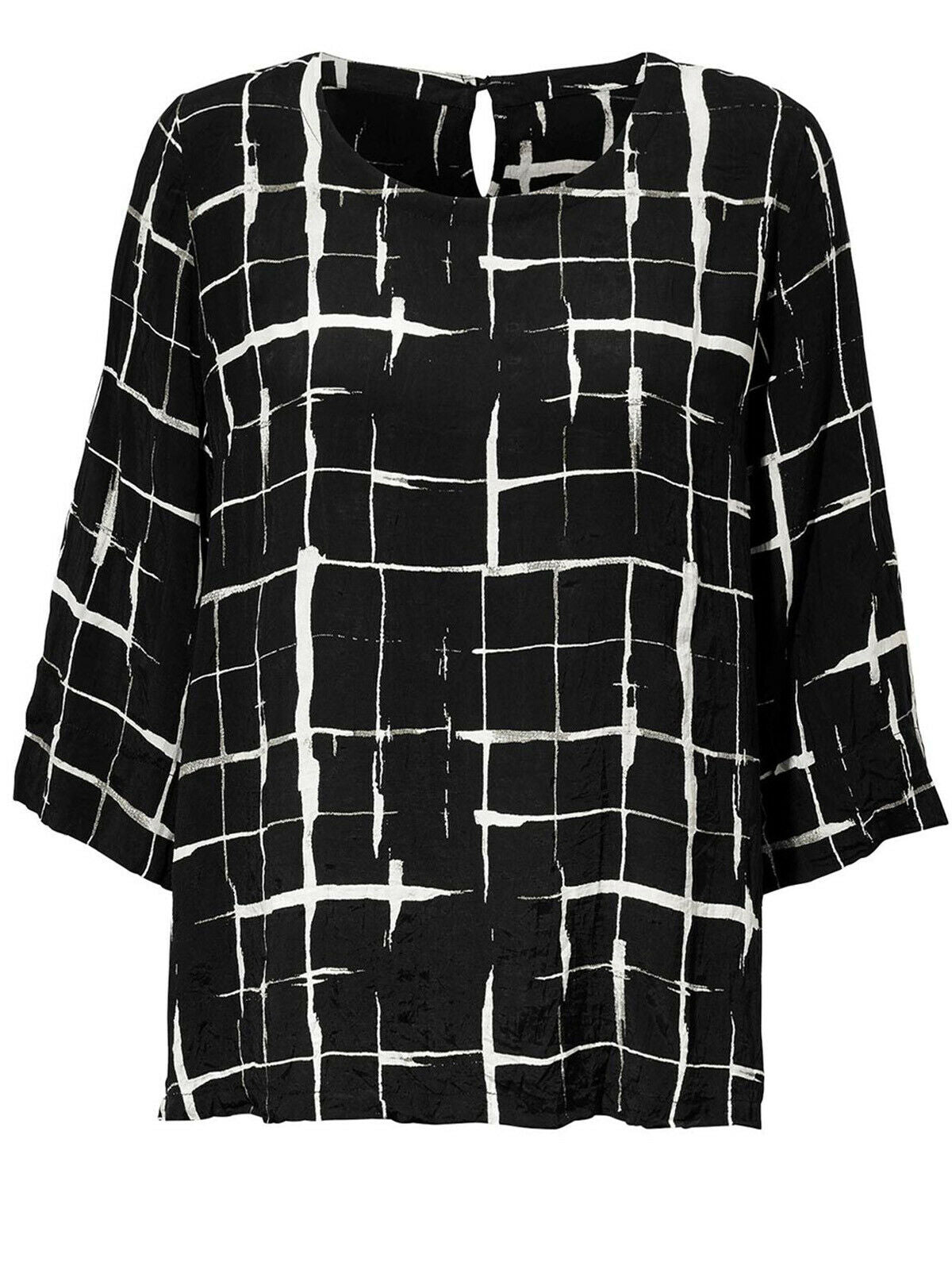Black Grid 3/4 Sleeve Woven Blouse Scoop Neck