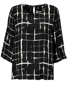 Black Grid 3/4 Sleeve Woven Blouse Scoop Neck