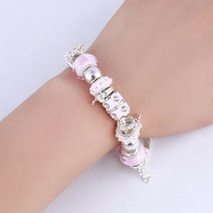 Silver & Pink Charms Beads Crystal Pandora Style Bracelets