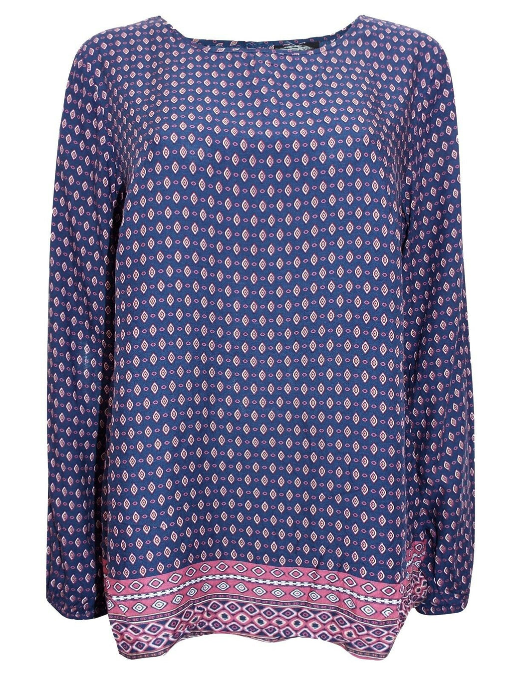 Navy Border Print Long Sleeve Patterned Tunic Top