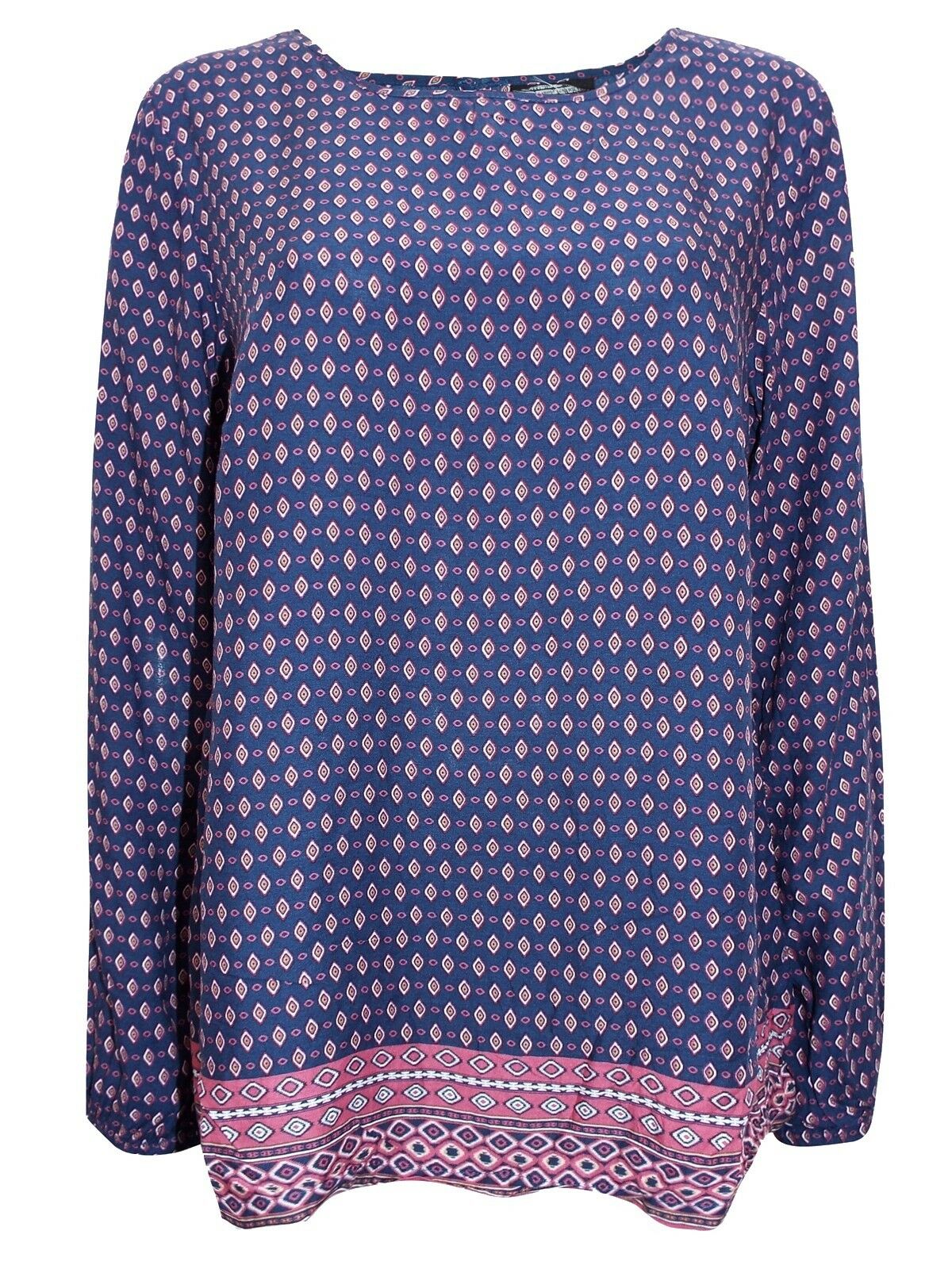 Navy Border Print Long Sleeve Patterned Tunic Top