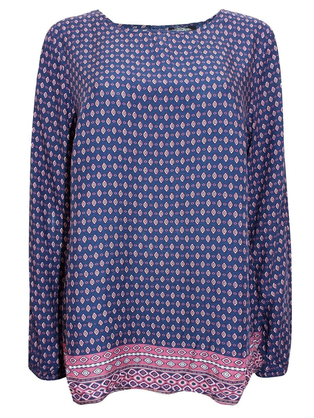 Navy Border Print Long Sleeve Patterned Tunic Top