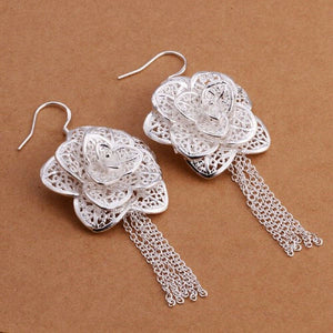 Silver Plated Fashion Chain Flower Tassel Hook Earrings