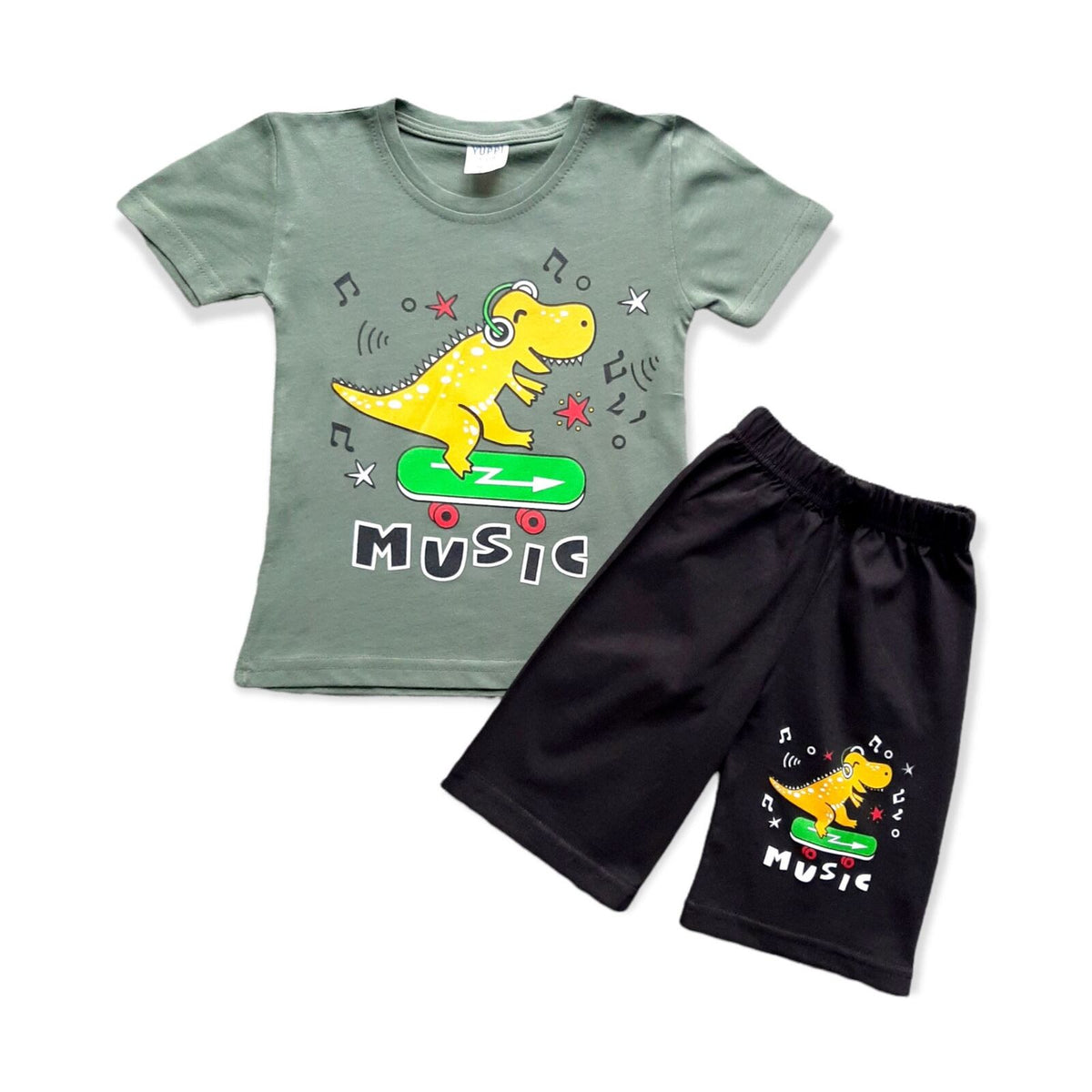 Boys Dino Skating Music Print T-shirt & Short Set