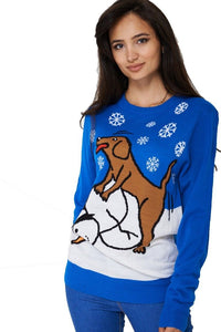 Unisex Blue Multi Ugly Knittted Dog Penguin jumper