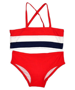 Girls Red Stripe Halter Neck Cross Back Straps 2Piece Swimsuit