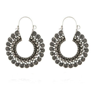 Ladies Vintage Boho Silver Floral Crystal Cutout Hook Earrings