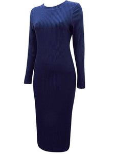 Navy Ribbed Round Neck Ribbed Knitted Dress