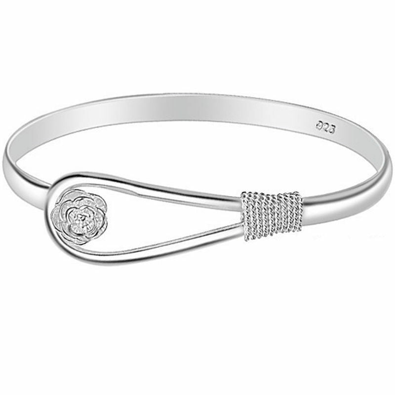 Elegant 925 Sterling Silver Clip On Floral Hook Style Bangle