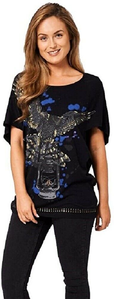 Black Eagle Print Batwing Shortsleeve Top