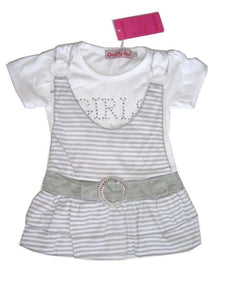 Grey & White Striped Short sleeve Top Dress & Leggings Set