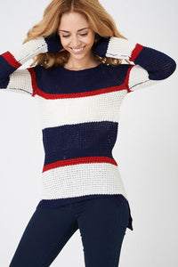 Navy Multi Bold Stripes Side Slit Knitted Jumper