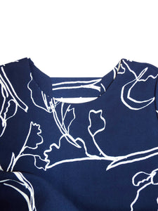 Ladies Navy & White Floral Print Keyhole Back 3/4 Sleeves Dress