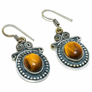 Natural Tiger's Eye Gemstone Handmade Silver Scroll Hook Earring